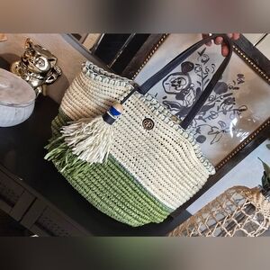 Tory Burch Green and Cream Leather Trimmed Woven Tote Blue Pom Pom Tassle